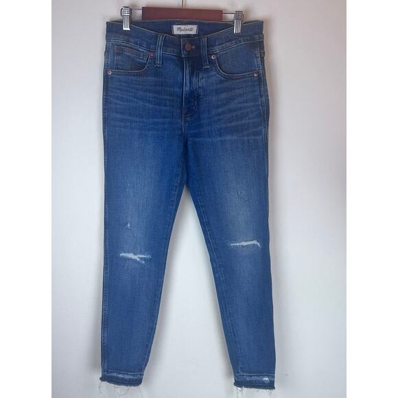 Madewell 9" High Rise Skinny Medium Wash Light Distressed Raw Hem Jean Women 27P - Picture 1 of 9